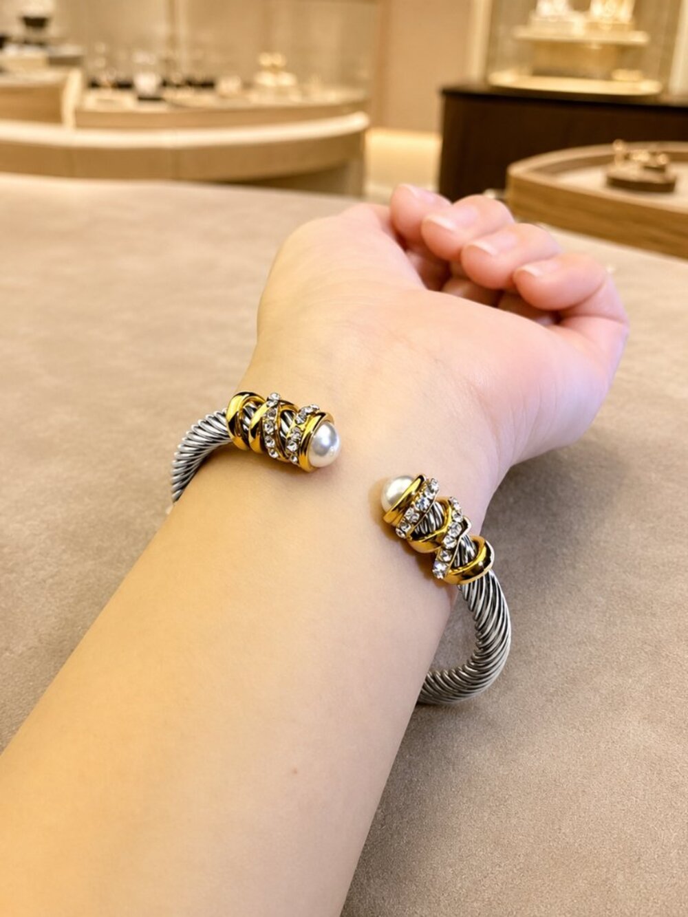 Two-Tone Cable Cuff Bracelet Pearl Crystal Accents Silver Gold NWT